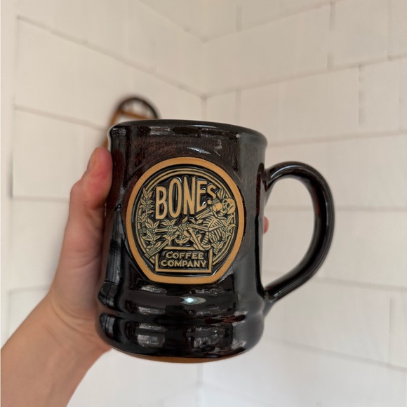 Bones Coffee Company Skeleton drinking coffee dark brown pottery style mug - Picture 4 of 5